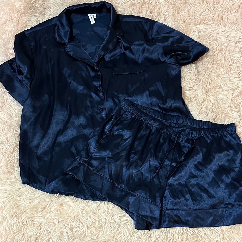 Satin Pajama Set - Navy Blue